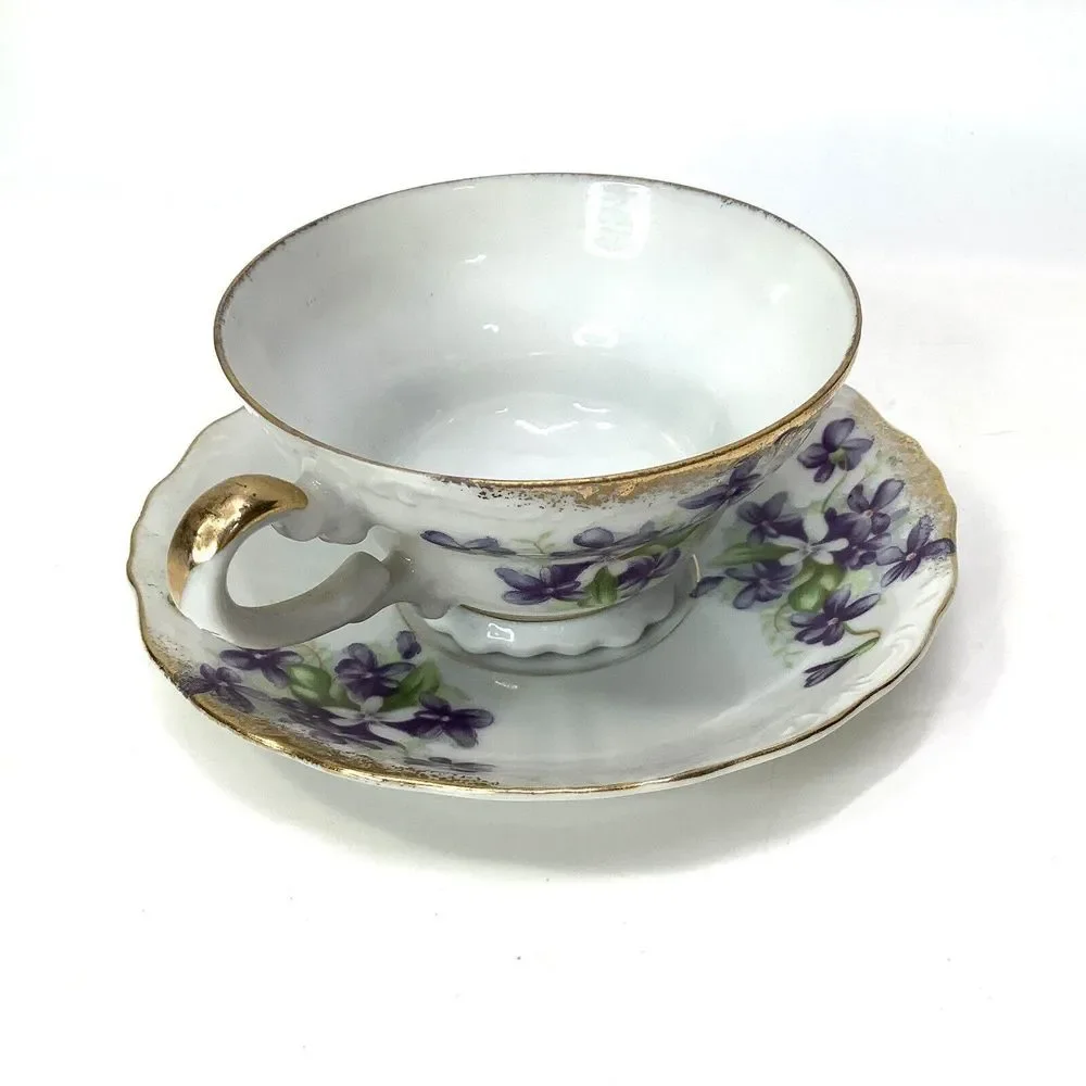 Vintage Cup & Saucer Set‎ Porcelain Rose Interior Plain Exterior Unmarked gold